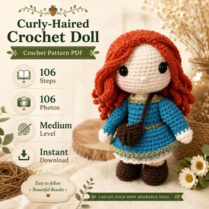 Mönster för virkad docka med lockigt hår i PDF-format, virkmönster för amigurumi-docka, handledning för dockor med rött hår, fotoguide i 106 steg, direktnedladdning bild 2