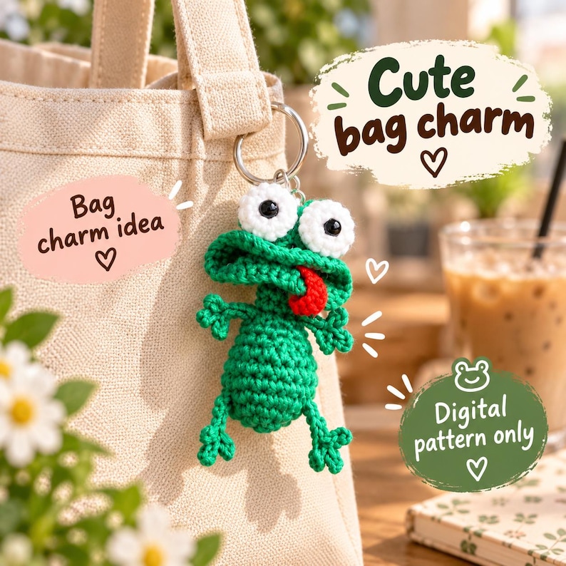 May include: A green crocheted frog bag charm with large white eyes, black pupils, and a red tongue, attached to a metal keyring on a beige canvas tote bag. Text on the image reads: Cute bag charm, Bag charm idea, and Digital pattern only.
