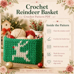 May include: A green crochet basket featuring a white reindeer motif with a red nose. The basket is filled with yarn balls and ornaments. Text includes Crochet Reindeer Basket, Crochet Pattern PDF, and Inside the Pattern with five steps.