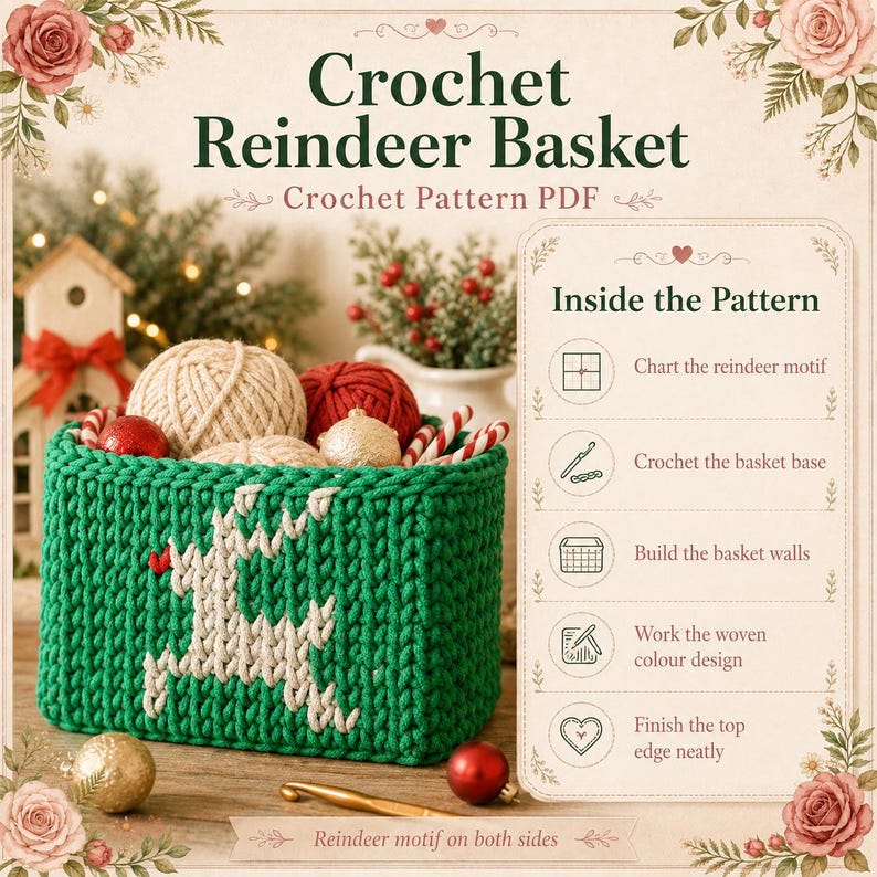 May include: A green crochet basket featuring a white reindeer motif with a red nose. The basket is filled with yarn balls and ornaments. Text includes Crochet Reindeer Basket, Crochet Pattern PDF, and Inside the Pattern with five steps.