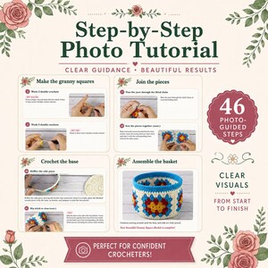 May include: A step-by-step photo tutorial for a crochet granny square basket. The document features 46 photo-guided steps, including instructions to make granny squares, join pieces, crochet the base, and assemble the basket, decorated with floral illustrations.