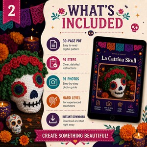 May include: A digital crochet pattern for a La Catrina skull, featuring a 39-page PDF, 91 steps, 91 photos, and a hard difficulty rating. The tablet displays the pattern cover, while a physical crocheted skull with red flowers sits nearby.