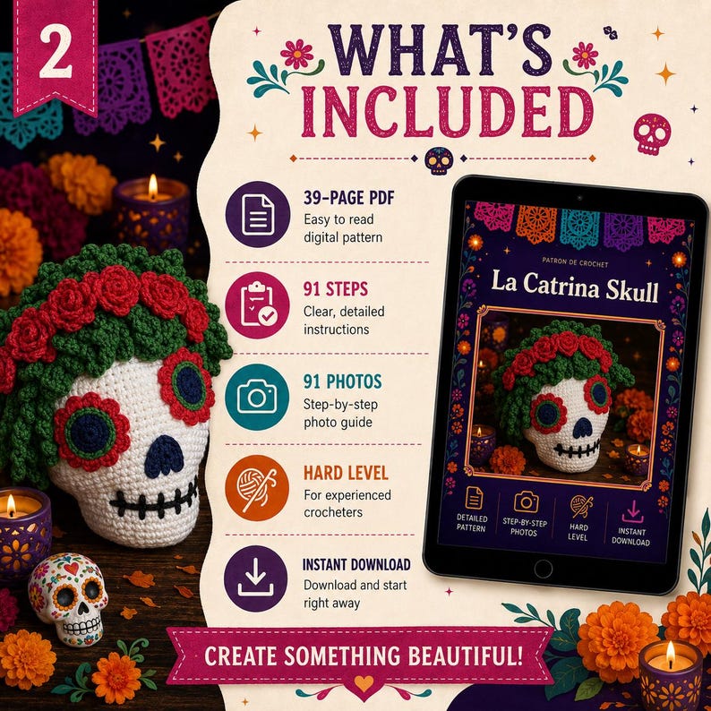May include: A digital crochet pattern for a La Catrina skull, featuring a 39-page PDF, 91 steps, 91 photos, and a hard difficulty rating. The tablet displays the pattern cover, while a physical crocheted skull with red flowers sits nearby.