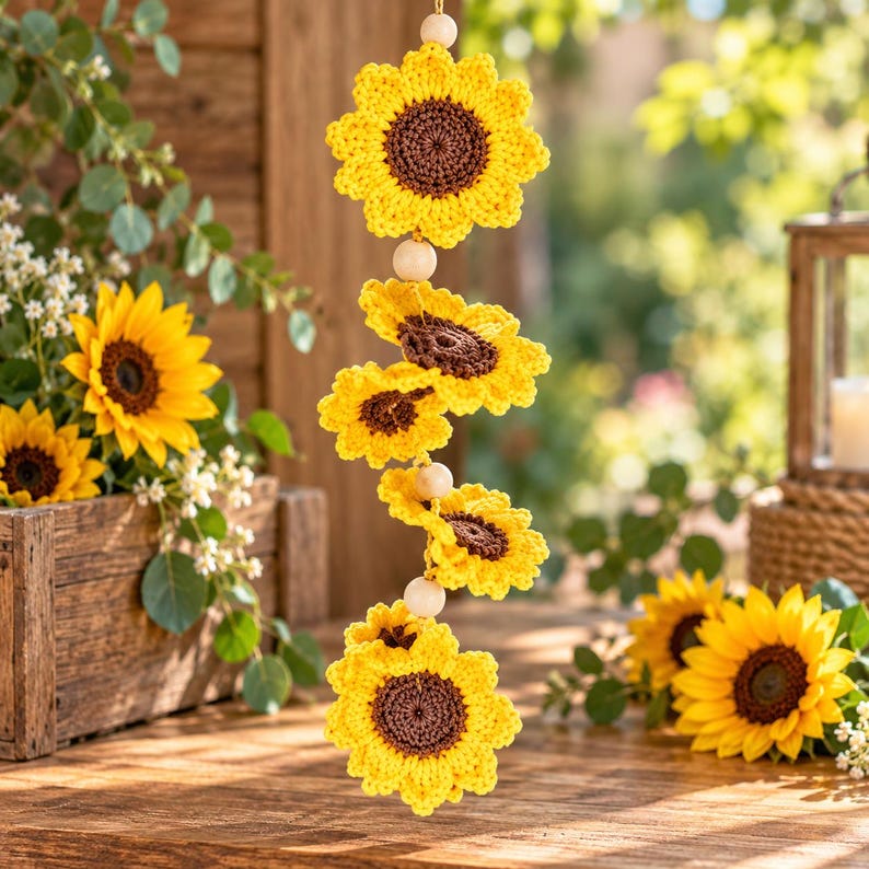 Puede incluir: Una decoraci&oacute;n colgante vertical que presenta cinco girasoles de ganchillo con p&eacute;talos de color amarillo brillante y centros de color marr&oacute;n oscuro, separados por cuentas de madera claras, redondas y lisas en un cord&oacute;n.