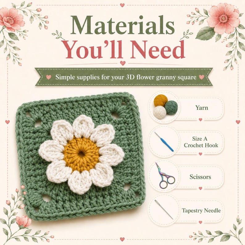 May include: An instructional graphic titled Materials You'll Need featuring a sage green crochet granny square with a white and yellow 3D flower. Icons show yarn balls, a blue crochet hook, scissors, and a tapestry needle for the project.