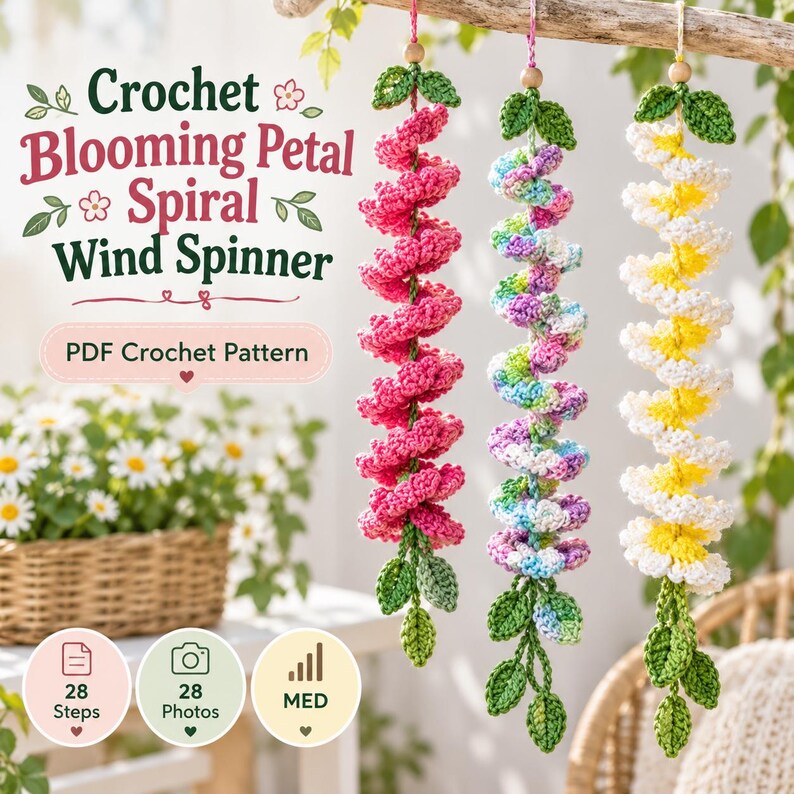 Peut inclure: Trois &eacute;oliennes en crochet suspendues avec des motifs de p&eacute;tales en spirale en rose uni, pastel vari&eacute; et blanc avec des centres jaunes. Chacune pr&eacute;sente des feuilles en crochet vertes en haut et en bas. Le texte indique : Crochet Blooming Petal Spiral Wind Spinner, PDF Crochet Pattern, 28 Steps, 28 Photos, MED.