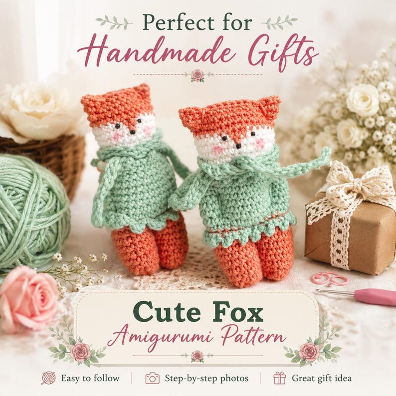 Puede incluir: Dos juguetes amigurumi de zorro tejidos a ganchillo con cabezas naranjas, caras blancas y su&eacute;teres verde menta. La imagen incluye el texto Perfect for Handmade Gifts y Cute Fox Amigurumi Pattern, junto con iconos de instrucciones f&aacute;ciles.