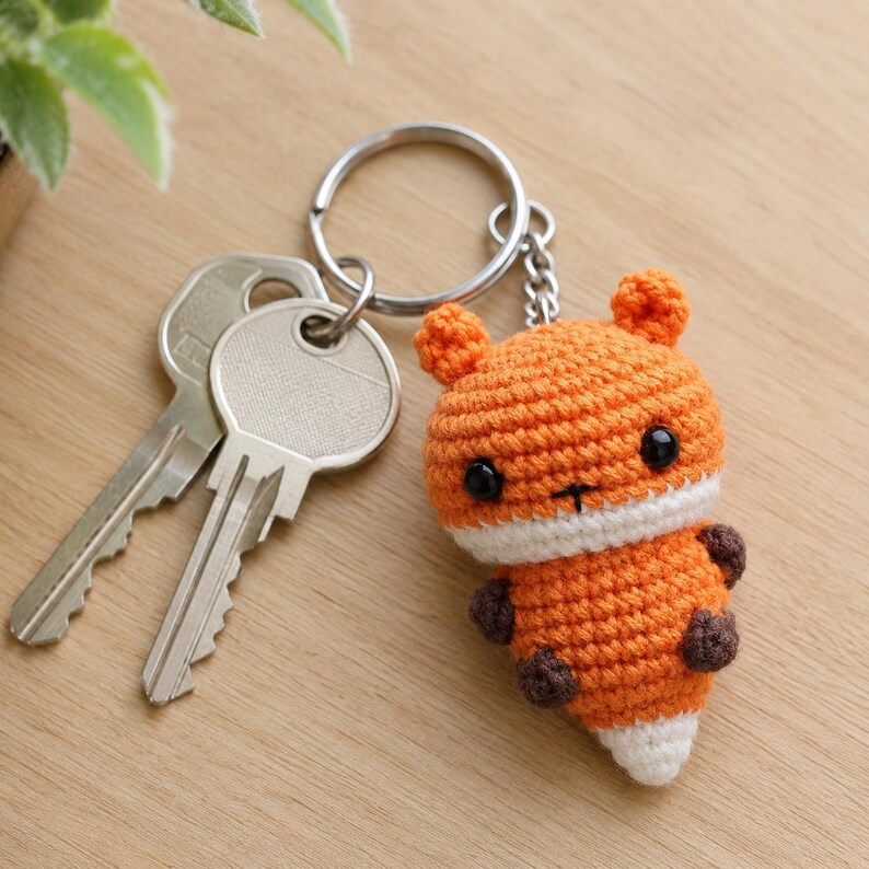 May include: A crochet fox keychain featuring a small orange and white stuffed animal with black bead eyes and dark brown paws attached to a silver metal split ring with two standard silver house keys.