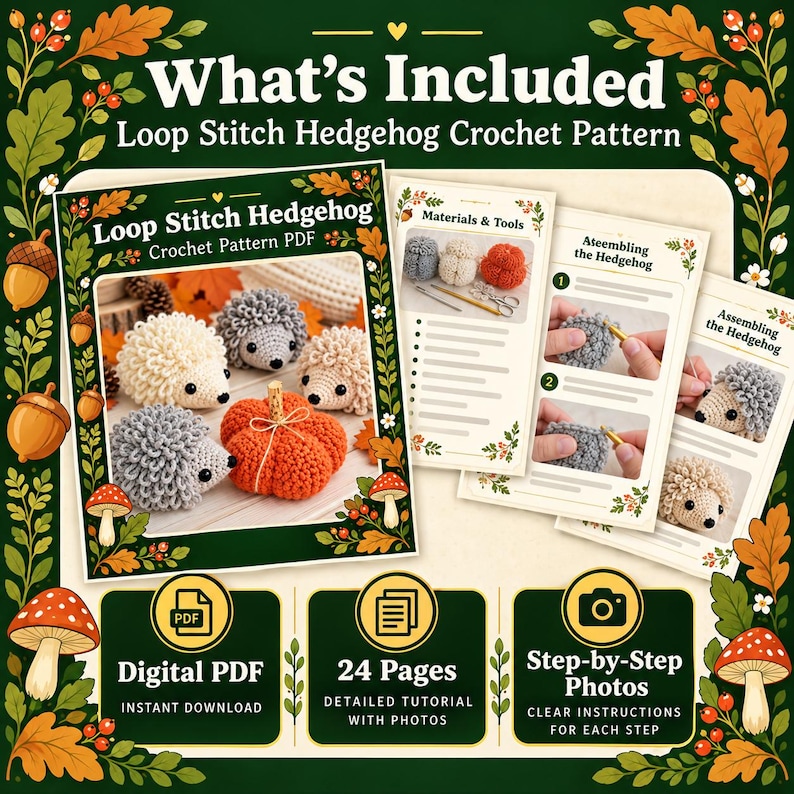 May include: A digital PDF crochet pattern for a loop stitch hedgehog, featuring 24 pages of detailed tutorials, step-by-step photos, and clear instructions. The document includes images of finished crocheted hedgehogs and a pumpkin.