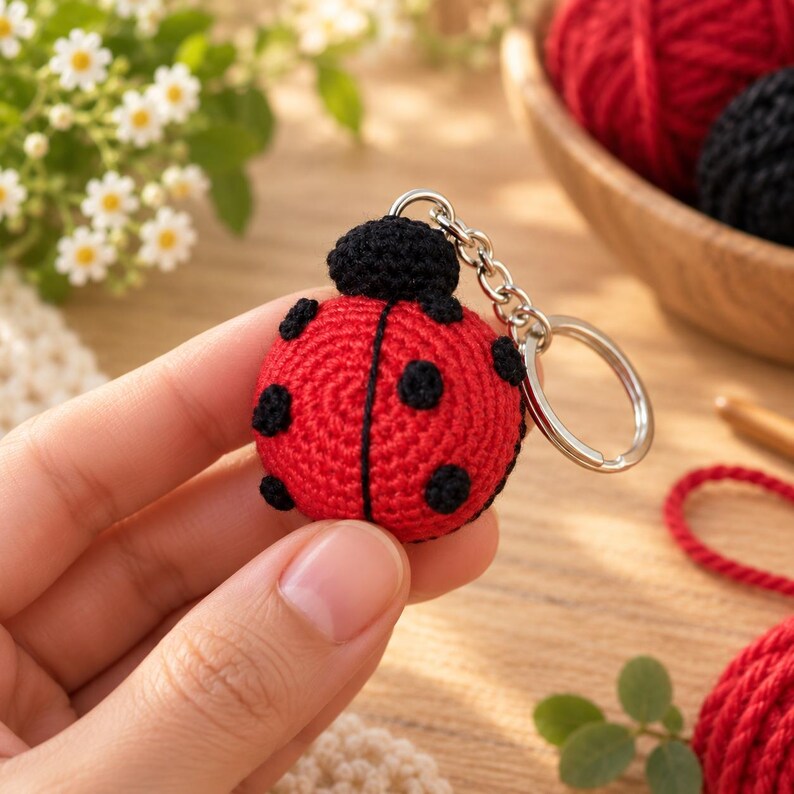 May include: A round, crocheted ladybug keychain featuring a vibrant red body with black spots and a small black head. The ladybug is attached to a silver-toned metal split ring by a short chain, showcasing detailed yarn stitching throughout the design.
