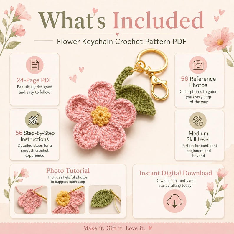 K&ouml;nnte beinhalten: Eine digitale H&auml;kelanleitung f&uuml;r einen Blumen-Schl&uuml;sselanh&auml;nger, bestehend aus einer geh&auml;kelten rosa Blume mit gelber Mitte und einem gr&uuml;nen Blatt an einem goldfarbenen Metallring. Das Dokument enth&auml;lt Text mit Angaben zu 24 Seiten, 56 Referenzfotos, Schritt-f&uuml;r-Schritt-Anleitungen und einem Foto-Tutorial.