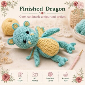May include: A crocheted amigurumi dragon in teal and pale yellow with black safety eyes. The text reads Finished Dragon, Cute handmade amigurumi project, 40 Steps, 40 Photos, Medium Level, and Pattern PDF. A pink crochet hook is visible.