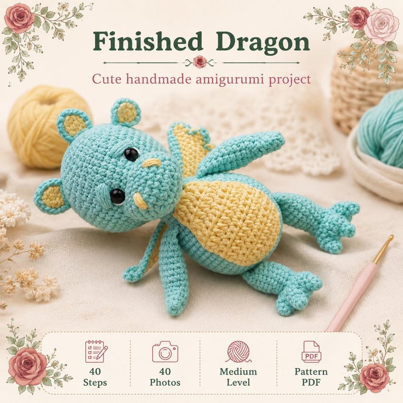 May include: A crocheted amigurumi dragon in teal and pale yellow with black safety eyes. The text reads Finished Dragon, Cute handmade amigurumi project, 40 Steps, 40 Photos, Medium Level, and Pattern PDF. A pink crochet hook is visible.