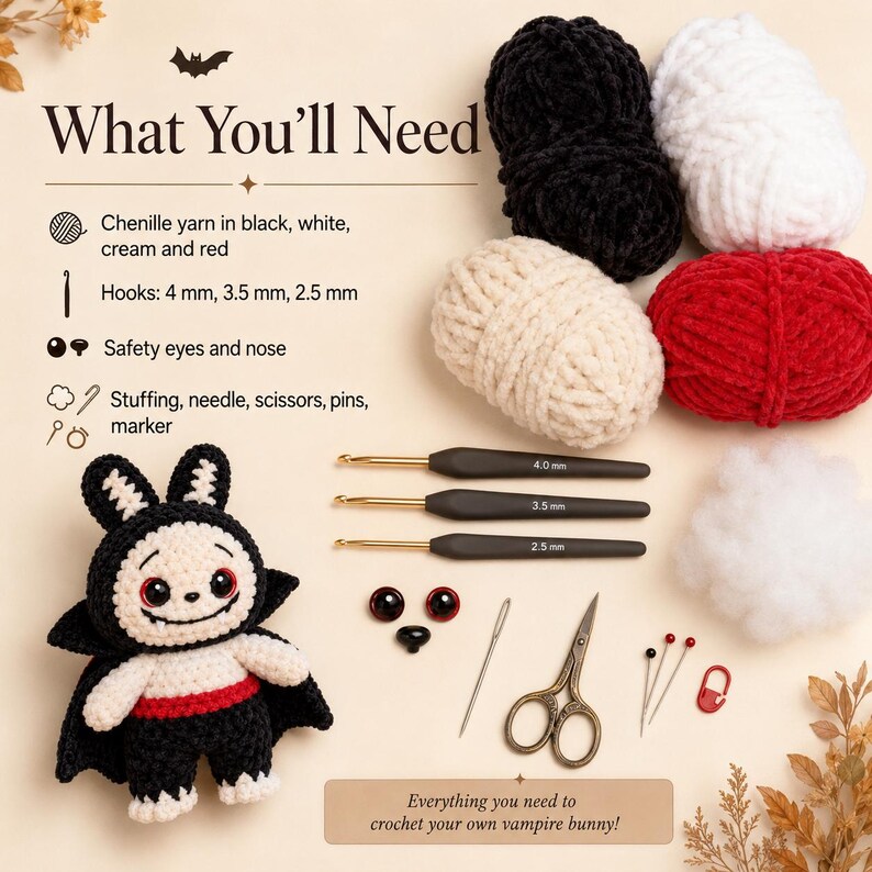 May include: A crochet kit featuring black, white, cream, and red chenille yarn, three hooks in 4 mm, 3.5 mm, and 2.5 mm sizes, safety eyes, a nose, stuffing, a needle, scissors, pins, a marker, and a finished vampire bunny crochet doll.