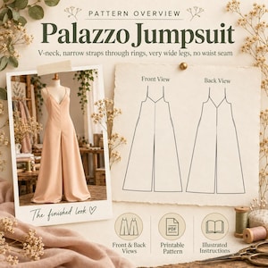 May include: A sewing pattern overview for a beige palazzo jumpsuit featuring a V-neck, narrow straps through rings, and very wide legs with no waist seam. The display includes a photograph of the finished garment and line drawings of front and back views.