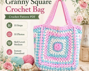 May include: A crochet bag featuring a granny square pattern in pink, light blue, and white. The text reads Granny Square Crochet Bag, Crochet Pattern PDF, 55 Steps, 55 Photos, Skill Level: Medium, and Instant Download. The bag has two handles.