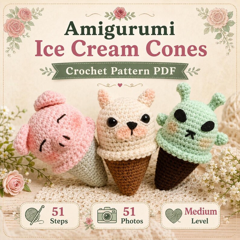 May include: A crochet pattern PDF for Amigurumi Ice Cream Cones featuring three plush toys: a pink pig, a cream-colored animal, and a light green alien. The text reads Amigurumi Ice Cream Cones, Crochet Pattern PDF, 51 Steps, 51 Photos, Medium Level.