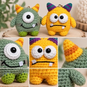 May include: Two crocheted monster keychains. One is sage green with a single eye, orange and yellow striped horns, and lime green feet. The other is bright yellow with two eyes, purple and teal striped horns, and a wide smile with white teeth.