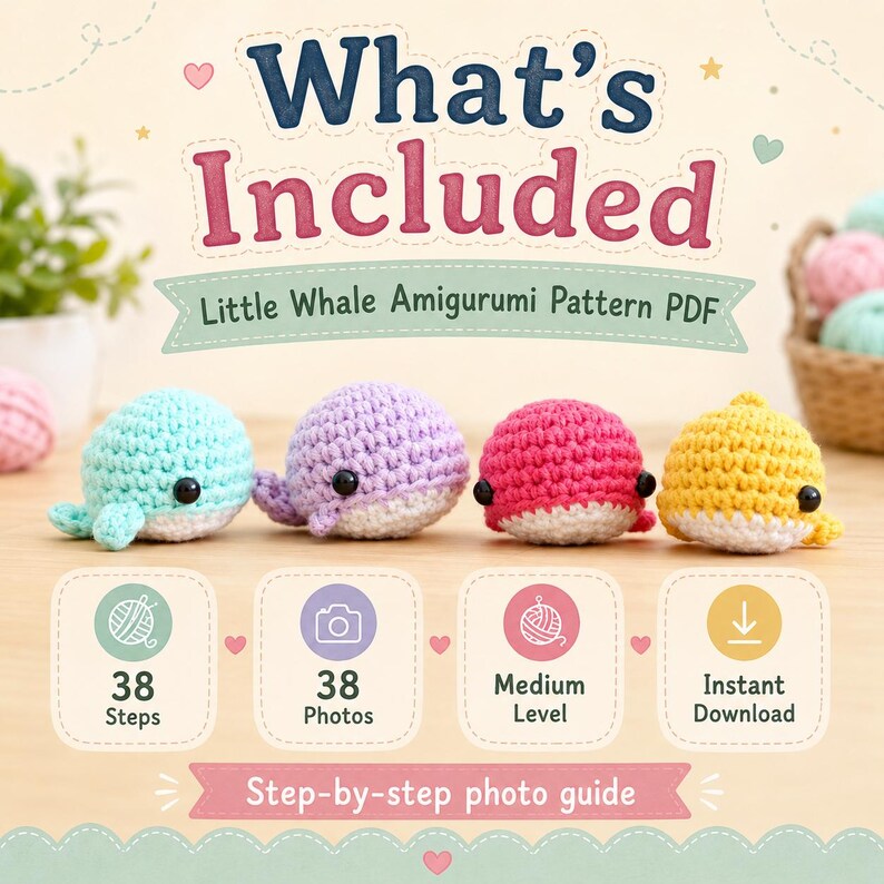 May include: A digital PDF pattern for a little whale amigurumi, featuring four crocheted whales in light blue, purple, pink, and yellow. The graphic includes the text 'What's Included', '38 Steps', '38 Photos', 'Medium Level', and 'Instant Download'.