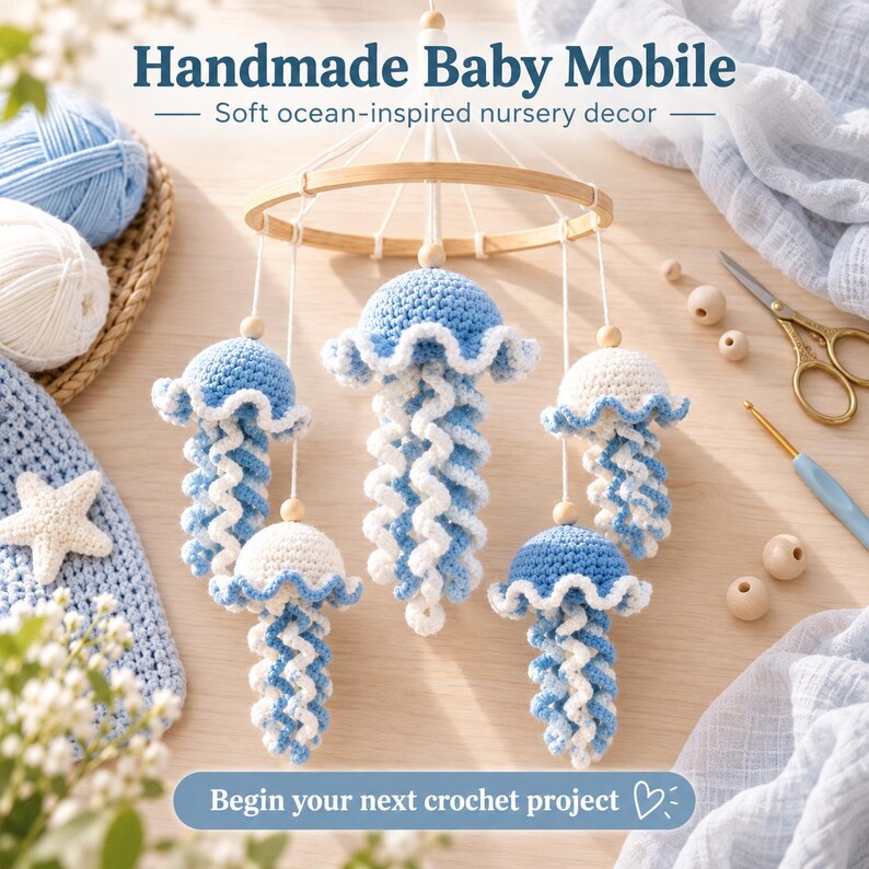May include: A handmade baby mobile featuring five crocheted jellyfish in shades of blue and white, suspended from a circular wooden frame. The text reads Handmade Baby Mobile, Soft ocean-inspired nursery decor, and Begin your next crochet project.