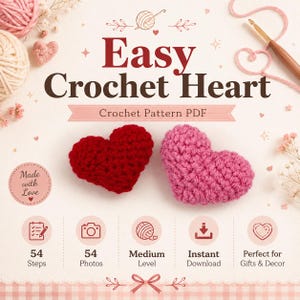 Op de afbeelding: Een digitaal haakpatroon PDF getiteld Easy Crochet Heart met tekst, iconen en twee gehaakte harten in rood en roze. Het ontwerp bevat een houten haaknaald, garenbollen en kleine bloemaccenten op een lichte achtergrond met een geruite rand.