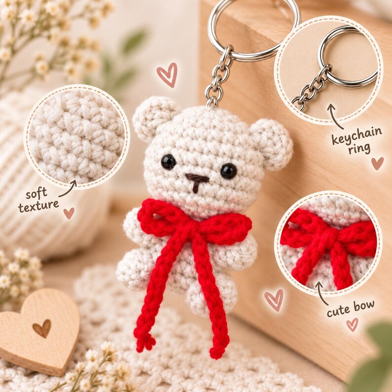May include: A cream-colored crocheted bear keychain featuring a bright red yarn bow tied around its neck. The bear has two small round ears, black bead eyes, and a stitched nose. It includes a silver metal keychain ring and chain attachment.