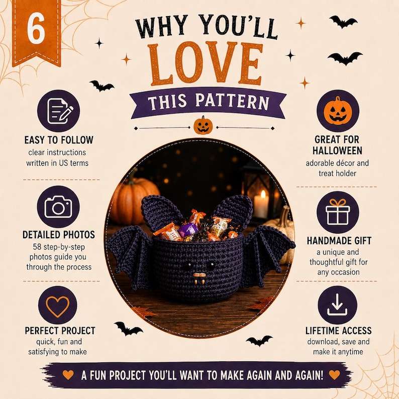 Pu&ograve; includere: Un'infografica per un modello all'uncinetto intitolata WHY YOU'LL LOVE THIS PATTERN che mostra un cestino a forma di pipistrello viola scuro riempito di caramelle. Il testo evidenzia 6 caratteristiche, tra cui istruzioni chiare e foto.