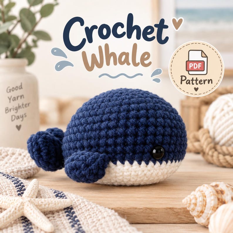 May include: A dark blue and white crocheted whale plush toy with a round body and black plastic eyes. The image features the text Crochet Whale and a circular badge labeled PDF Pattern. The whale is positioned on a wooden surface with seashells.