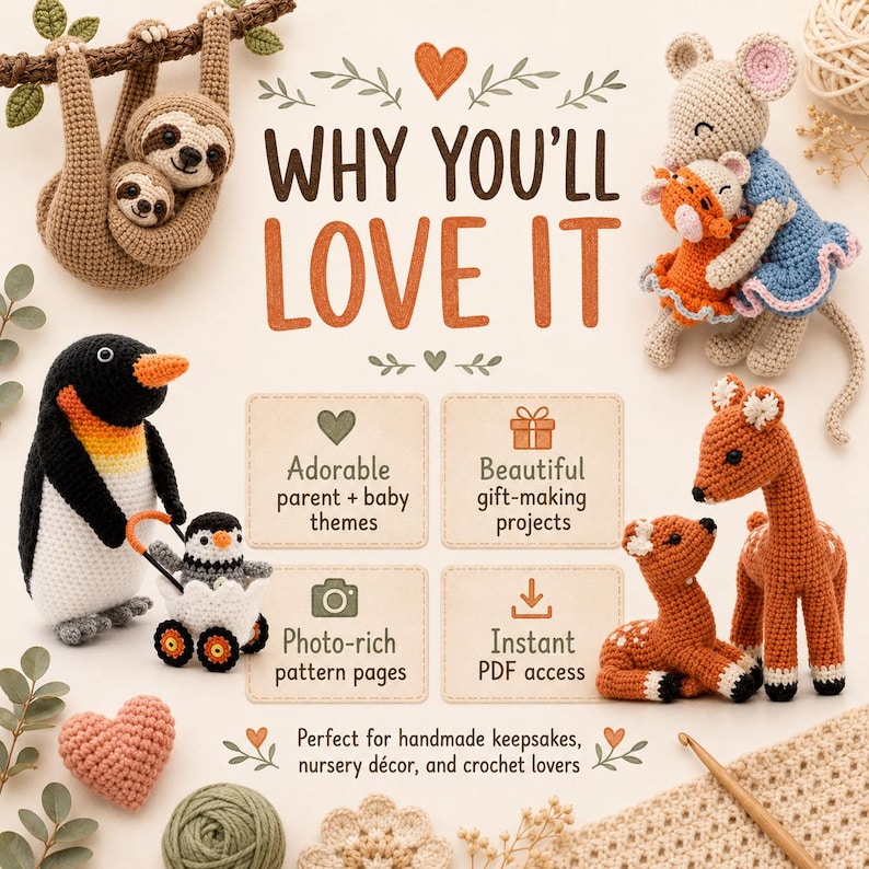 May include: A collection of crocheted animal figures including a sloth, a mouse, a penguin with a stroller, and two deer. The image features the text WHY YOU'LL LOVE IT, along with icons and text describing parent and baby themes, gift projects, and PDF access.