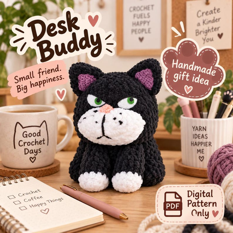 May include: A black and white crocheted cat plush with green eyes, a pink nose, and purple inner ears. The cat has white paws and a white muzzle. Text in the image includes Desk Buddy, Small friend. Big happiness., Handmade gift idea, and Digital Pattern Only.