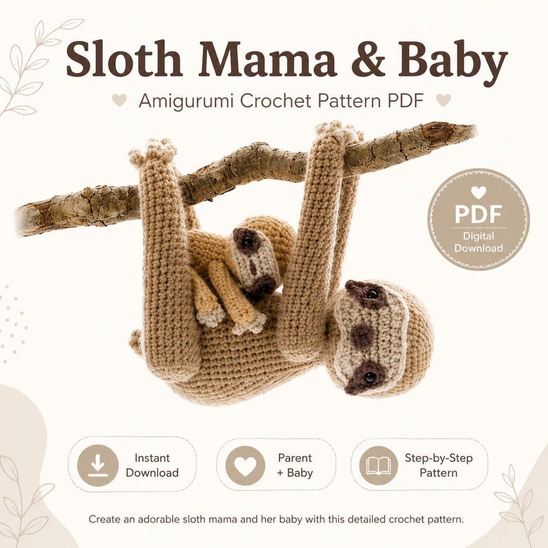 May include: A crochet amigurumi pattern PDF titled Sloth Mama & Baby featuring a tan crocheted sloth hanging from a branch with a smaller baby sloth attached to its body. The design includes text for instant download and step-by-step instructions.