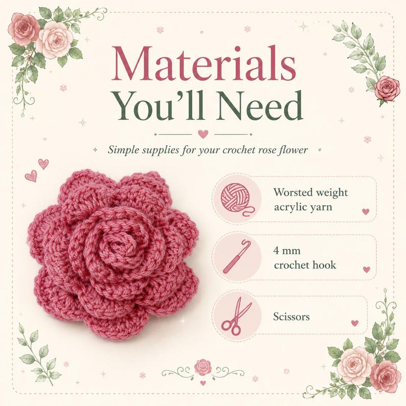 May include: A crochet rose flower in dusty pink with a list of materials including worsted weight acrylic yarn, a 4 mm crochet hook, and scissors. The text reads Materials You'll Need and Simple supplies for your crochet rose flower.