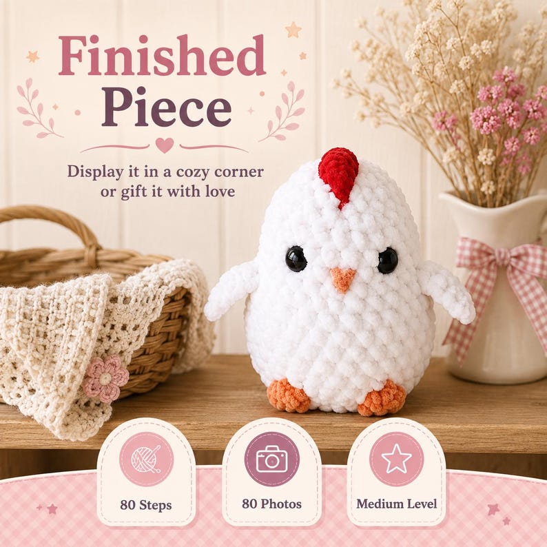 May include: A white crochet chicken plush toy with a red comb, orange beak, and black eyes. The image includes text reading Finished Piece, Display it in a cozy corner or gift it with love, 80 Steps, 80 Photos, and Medium Level, with icons.