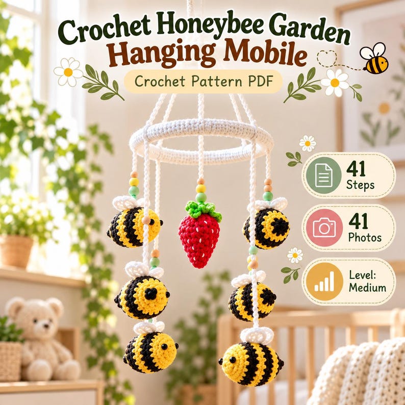 May include: A crochet hanging mobile featuring yellow and black striped bees and a red strawberry suspended from a white circular frame. Text reads: Crochet Honeybee Garden Hanging Mobile, Crochet Pattern PDF, 41 Steps, 41 Photos, Level: Medium.