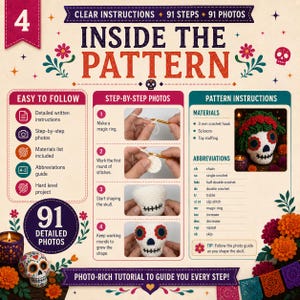 May include: A crochet pattern guide titled INSIDE THE PATTERN featuring 91 steps and 91 photos. The document includes easy-to-follow written instructions, a materials list, an abbreviations guide, and step-by-step photos for a skull project.