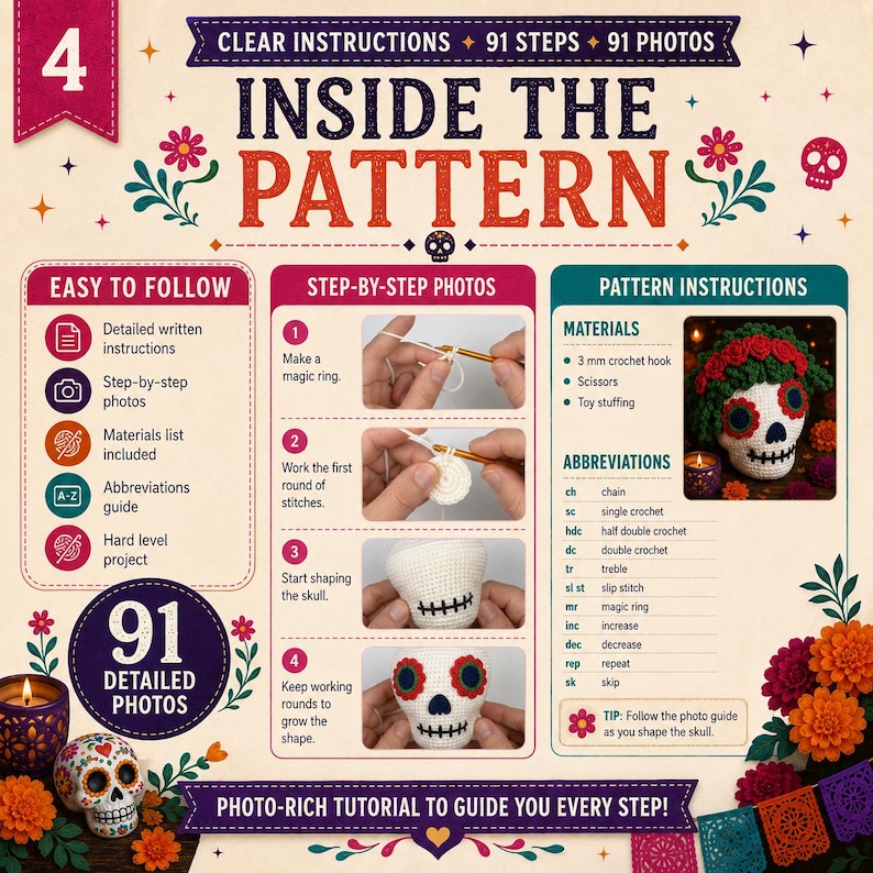 May include: A crochet pattern guide titled INSIDE THE PATTERN featuring 91 steps and 91 photos. The document includes easy-to-follow written instructions, a materials list, an abbreviations guide, and step-by-step photos for a skull project.
