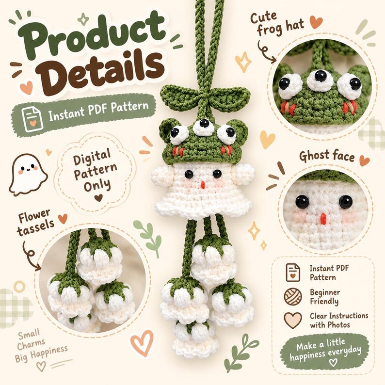 May include: A crochet ghost ornament wearing a green frog hat with three eyes, featuring white flower tassels hanging below. The text reads Product Details, Instant PDF Pattern, Digital Pattern Only, Cute frog hat, Ghost face, and Flower tassels.