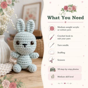 May include: A light blue crocheted rabbit toy with dark eyes and a stitched nose. The image includes a list titled What You Need, detailing materials like medium weight acrylic or cotton yarn, a crochet hook, yarn needle, stuffing, and scissors.