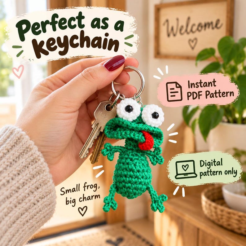 May include: A green crocheted frog keychain with large white eyes, black pupils, and a red tongue. The image includes text: Perfect as a keychain, Instant PDF Pattern, Digital pattern only, and Small frog, big charm with heart icons.
