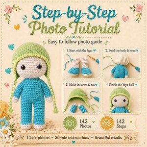 K&ouml;nnte beinhalten: Eine H&auml;kelanleitung mit dem Titel Step-by-Step Photo Tutorial, die eine fertige Puppe mit hellgr&uuml;ner M&uuml;tze und blauem Outfit zeigt. Die Anleitung enth&auml;lt vier nummerierte Fotofelder zum Montageprozess, 142 Fotos und 142 Schritte.