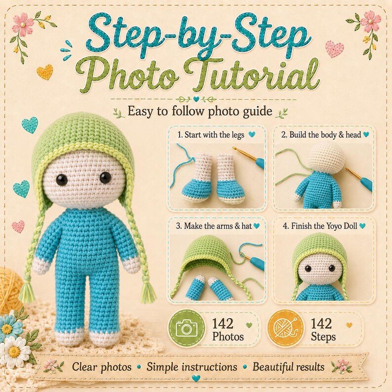 K&ouml;nnte beinhalten: Eine H&auml;kelanleitung mit dem Titel Step-by-Step Photo Tutorial, die eine fertige Puppe mit hellgr&uuml;ner M&uuml;tze und blauem Outfit zeigt. Die Anleitung enth&auml;lt vier nummerierte Fotofelder zum Montageprozess, 142 Fotos und 142 Schritte.