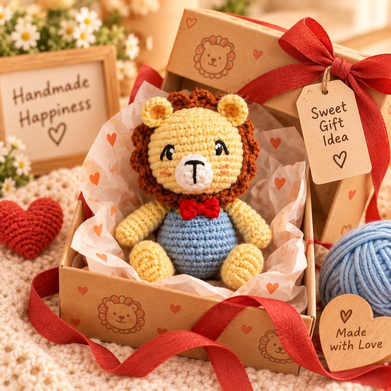 Puede incluir: Un le&oacute;n de peluche tejido a ganchillo con cara amarilla, melena marr&oacute;n y peto azul, con una peque&ntilde;a pajarita roja. El juguete est&aacute; dentro de una caja de regalo de cart&oacute;n con papel de seda de corazones, atado con una cinta roja y una etiqueta.