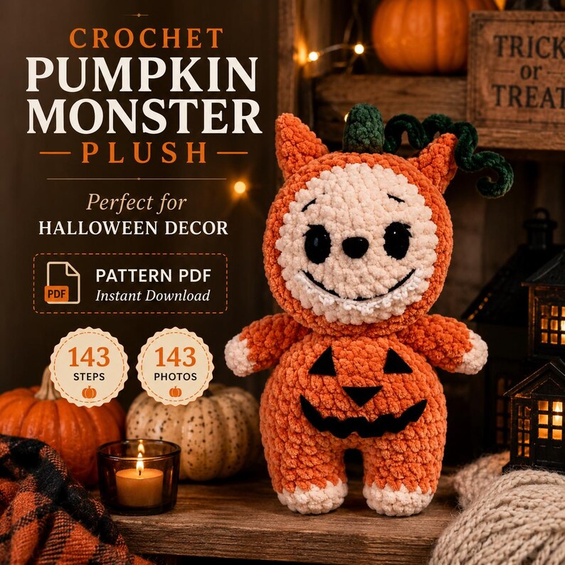 May include: A crochet pumpkin monster plush featuring a round orange body with a black jack-o'-lantern face, a cream-colored face panel with black eyes and a wide grin, and a green stem on top. The text reads CROCHET PUMPKIN MONSTER PLUSH.