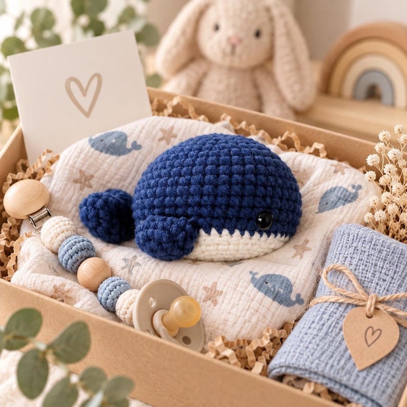 May include: A gift box containing a dark blue crocheted whale, a white muslin swaddle with blue whale and star prints, a pacifier clip with wooden and crocheted beads, a light blue textured cloth with a heart tag, and a card with a heart drawing.