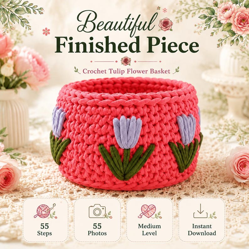 May include: A round, hot pink crochet basket featuring a repeating pattern of light purple tulips with dark green stems and leaves. The text "Beautiful Finished Piece" and "Crochet Tulip Flower Basket" appears above, with icons for 55 steps, 55 photos, medium level, and instant download.