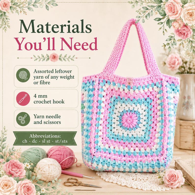 Może przedstawiać: Szydełkowana torba z wzorem granny square w kolorze r&oacute;żowym, białym i jasnoniebieskim z dwoma uchwytami. Obraz zawiera tekst: Materials You'll Need, Assorted leftover yarn of any weight or fibre, 4 mm crochet hook, Yarn needle and scissors.