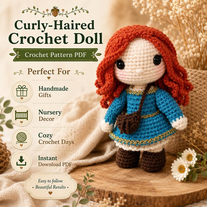 Mönster för virkad docka med lockigt hår i PDF-format, virkmönster för amigurumi-docka, handledning för dockor med rött hår, fotoguide i 106 steg, direktnedladdning bild 1