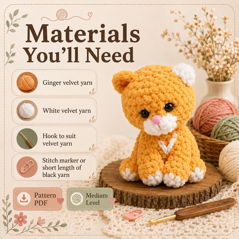 May include: A crochet pattern infographic titled Materials You'll Need, listing ginger and white velvet yarn, a hook, and stitch markers. Beside it sits a plush ginger cat toy with white accents, black eyes, and a pink nose on a wooden base.