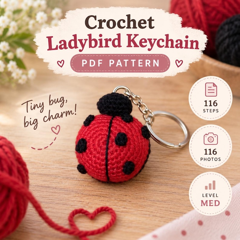 May include: A crochet ladybird keychain PDF pattern featuring a red and black ladybug with a metal keyring. The text reads Crochet Ladybird Keychain, PDF PATTERN, Tiny bug, big charm!, 116 STEPS, 116 PHOTOS, and LEVEL MED.