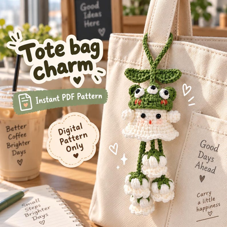 May include: A crochet tote bag charm featuring a white ghost figure wearing a green frog hat with three eyes, suspended from a green stem with three white bell-shaped flowers. The text reads Tote bag charm, Instant PDF Pattern, Digital Pattern Only.